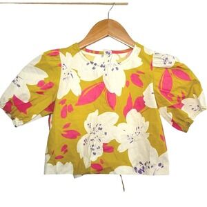 Zhoe & Tobiah Floral Blouse Girls 8 Anni Open Tie Back Puff Sleeve Yellow Pink